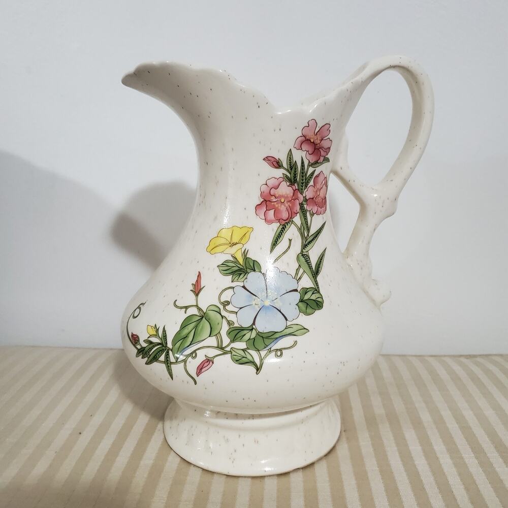Vintage Treasure Craft Ceramic Water Pitcher Speckled Floral Design